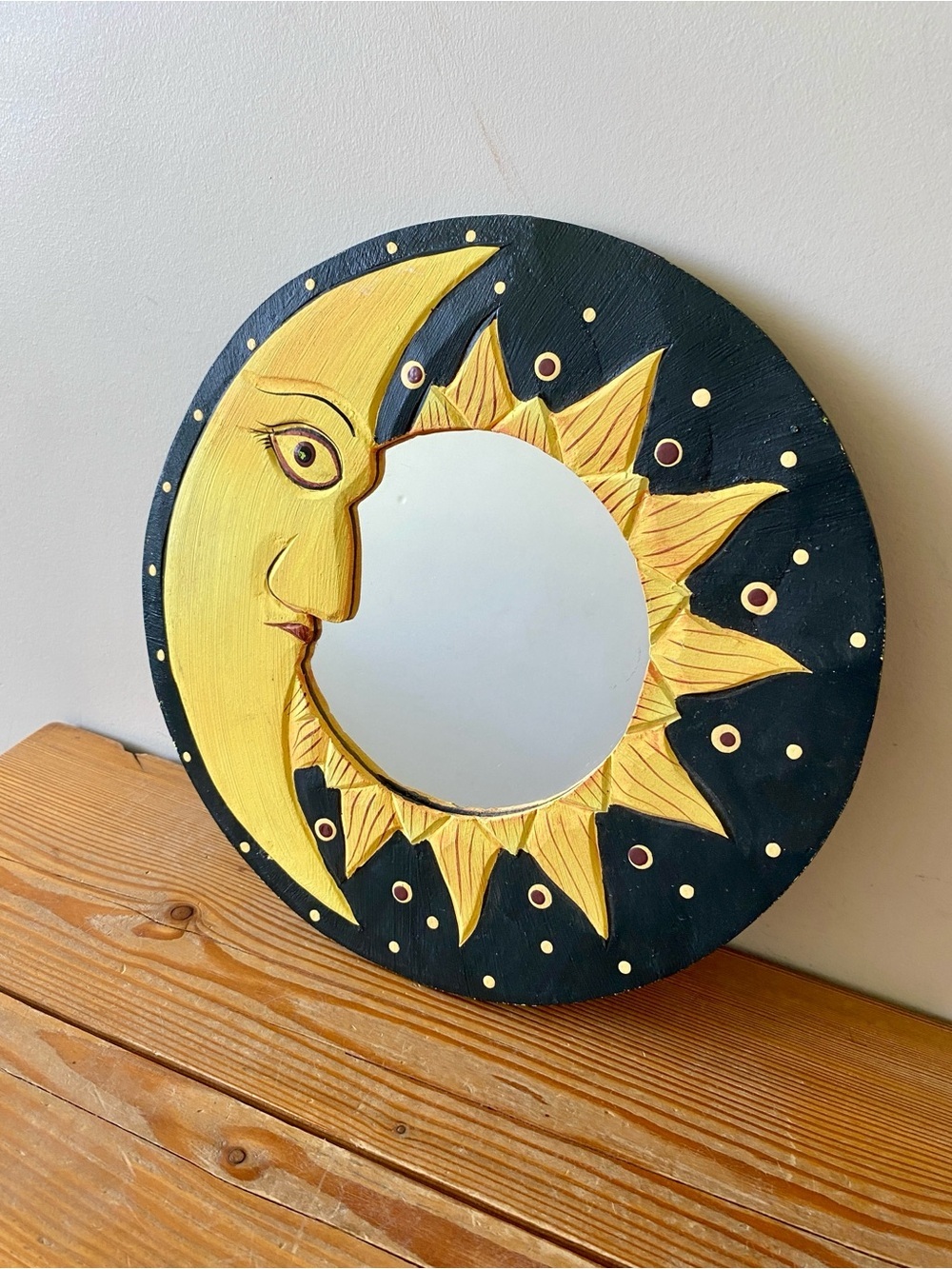 Vintage 90s Sun Moon Wood Wall Mirror Black Yellow 11.5"